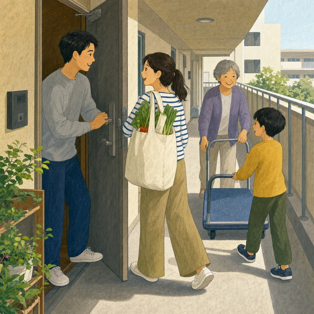 助け合う日本人の近所の人々（編集記事向け）。近所付き合い、助け合い、地域交流、日常の記事向け素材です。