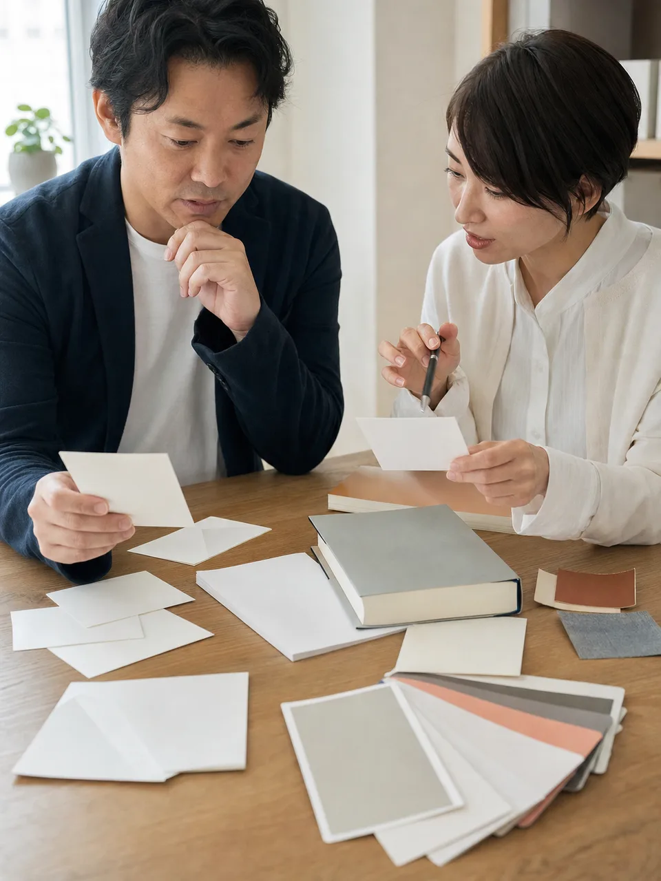 本づくりを進める日本人編集者（自然な縦位置写真）。書籍編集者、編集会議、出版、本づくりの記事や案内に使える商用素材です。