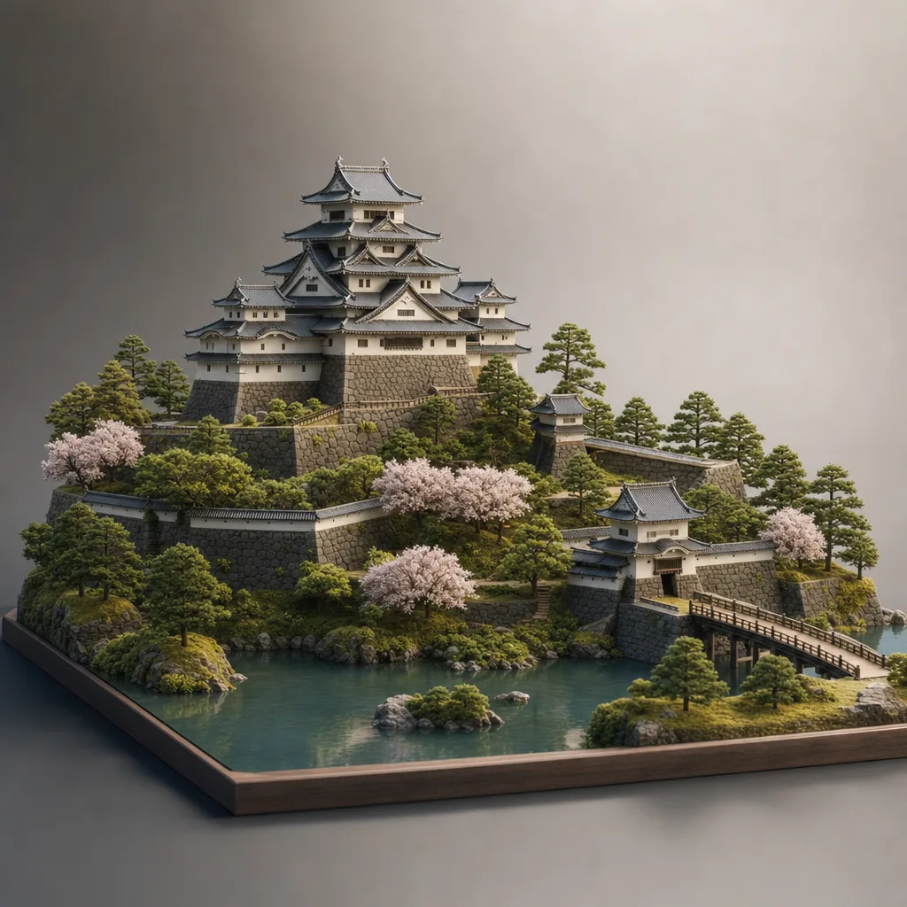 日本の城と四季の風景（立体ディスプレイ）。日本の城、歴史、国内旅行、観光デザインに使える背景素材です。