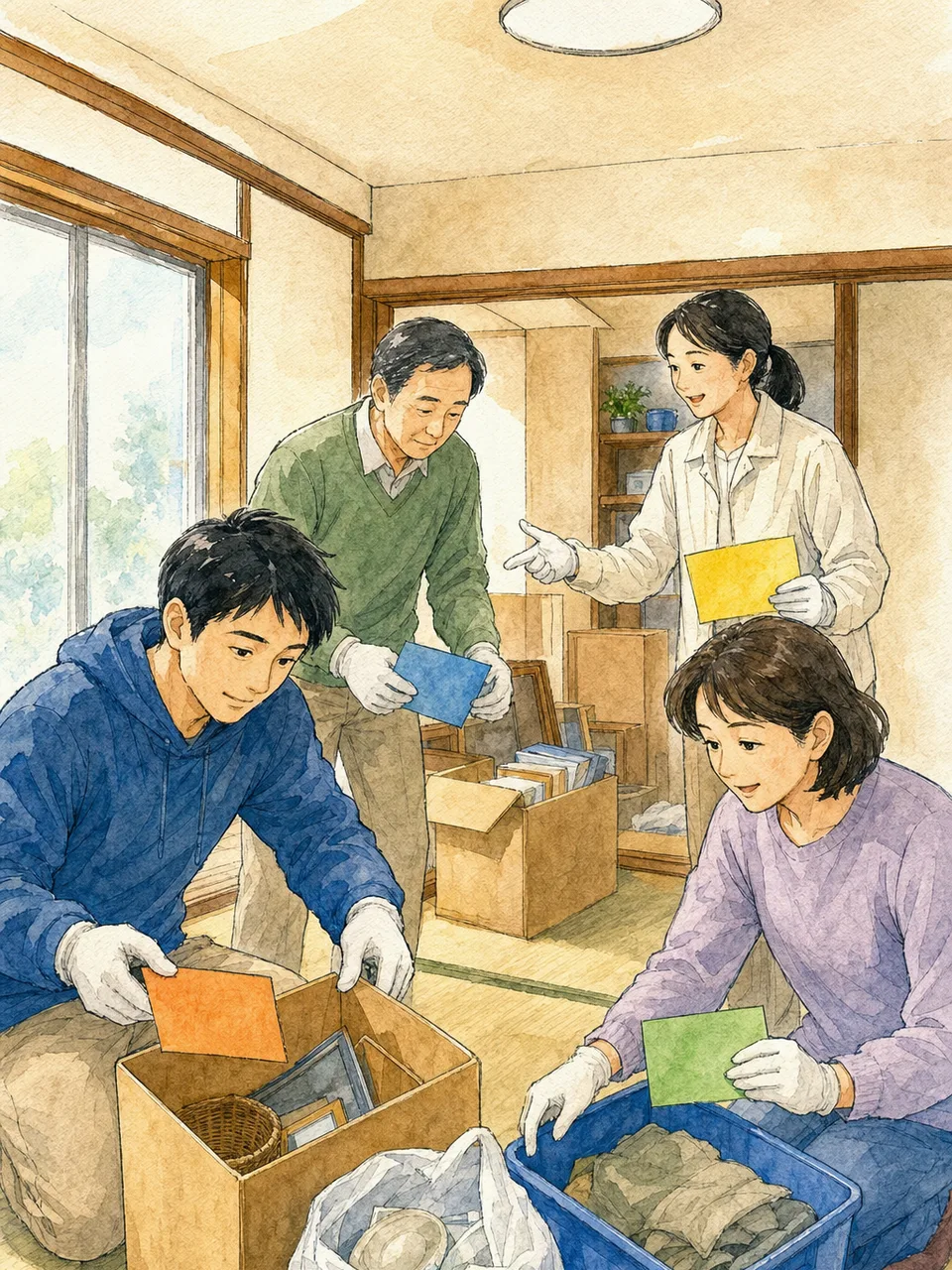 空き家の片付けを計画する日本人家族（手描き水彩）。空き家片付け、実家整理、家財整理、空き家管理の記事や案内に使える商用素材です。