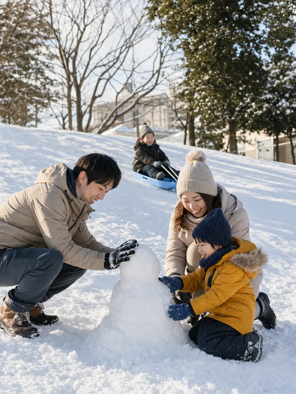 雪遊びを楽しむ日本人家族（自然な縦位置写真）。雪遊び、冬、親子、屋外レジャーの記事向け素材です。