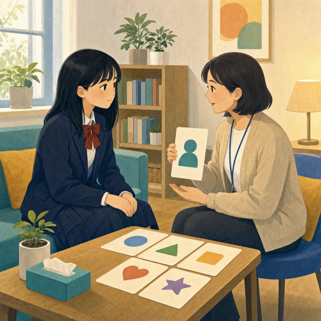 登校の悩みを相談する日本人学生（編集記事向け）。不登校支援、登校相談、学生支援、教育相談の記事や案内に使える商用素材です。