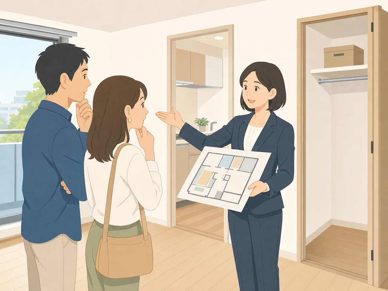 住まいを案内する日本人不動産営業（フラットイラスト）。不動産営業、住宅相談、物件案内、住まい探しの記事向け素材です。