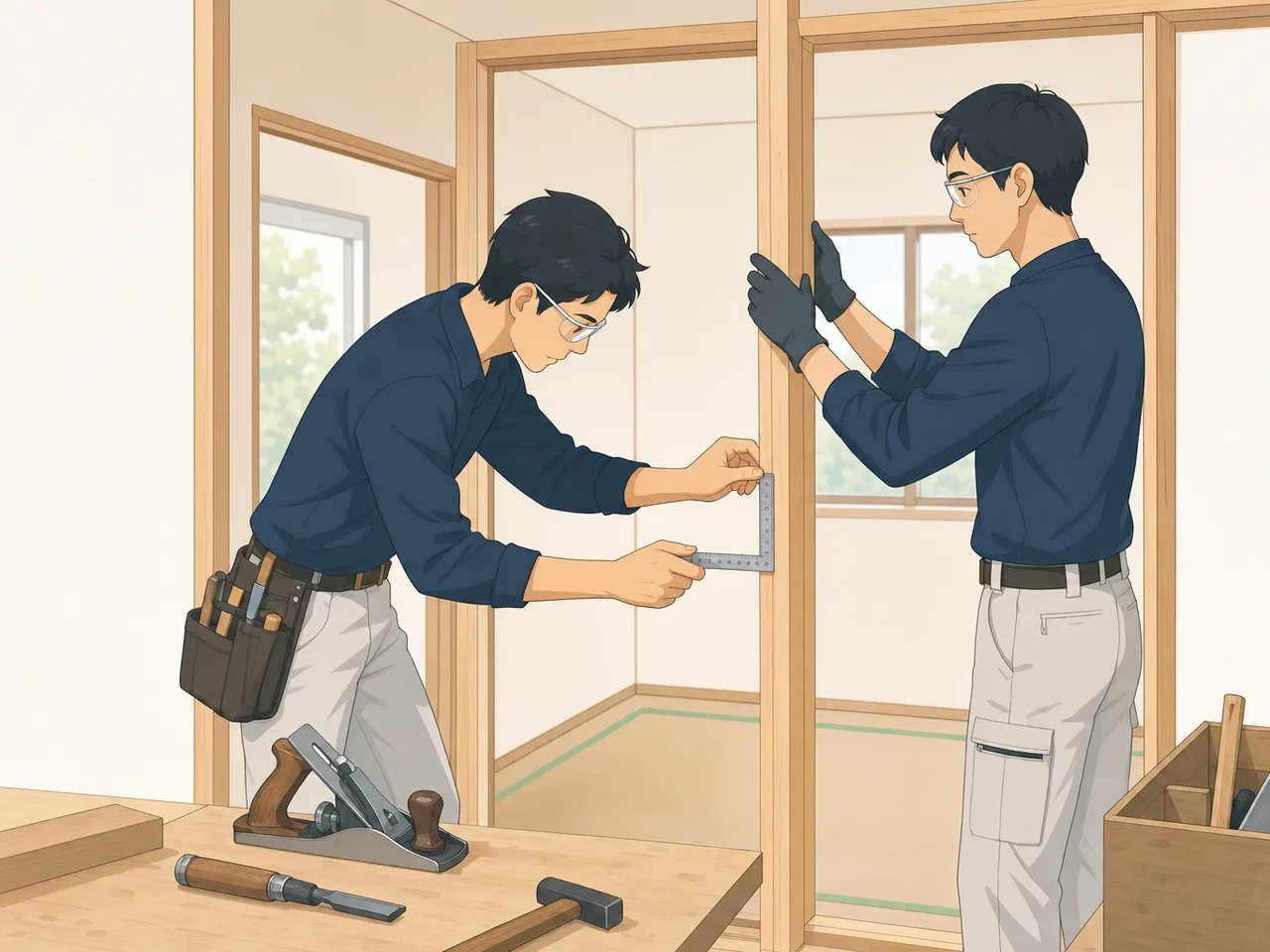 住宅を改修する日本人大工（フラットイラスト）。大工、リフォーム、木工、住宅建築の記事に使える職人素材です。