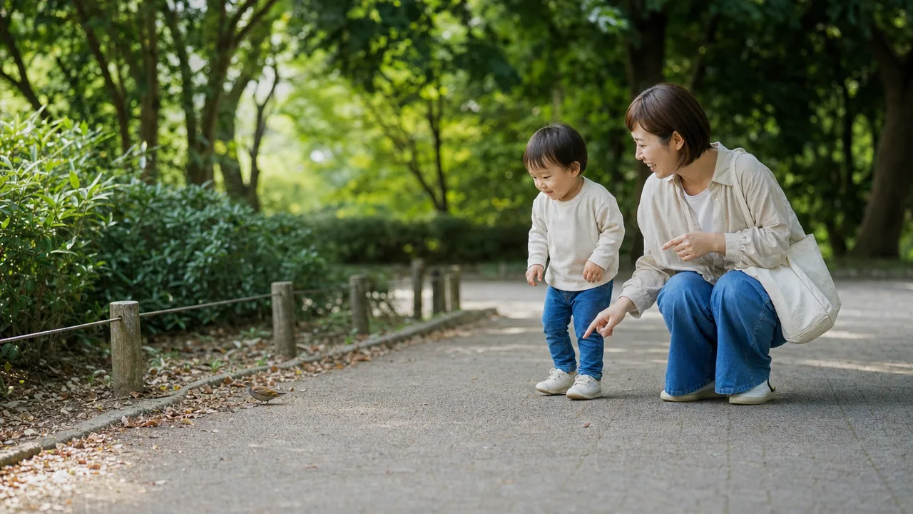 公園を散歩する日本人親子（横長・コピースペース）。親子の公園散歩、幼児、子育て、日常の記事向け素材です。