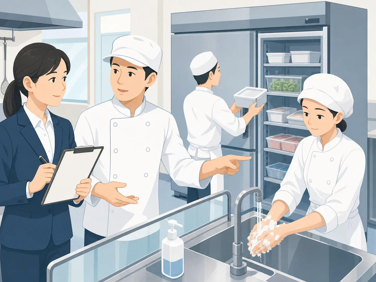 食品衛生を確認する日本人監視員（フラットイラスト）。食品衛生監視員、食品衛生、厨房点検、保健所の記事や案内に使える商用素材です。