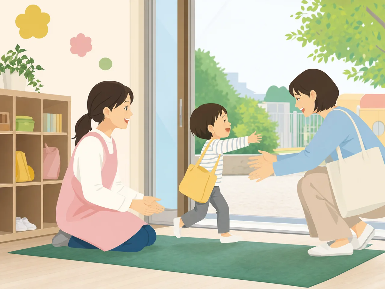保育園へ迎えに行く日本人保護者（フラットイラスト）。保育園送迎、子育て、共働き、保育士の記事向け素材です。