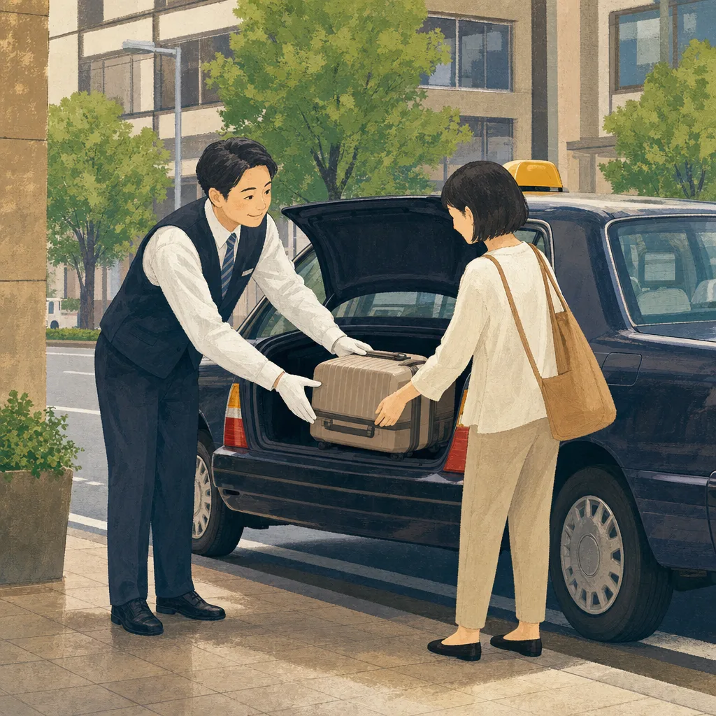 乗客を案内する日本人タクシー運転手（編集記事向け）。タクシー運転手、地域交通、観光、移動支援の記事向け素材です。