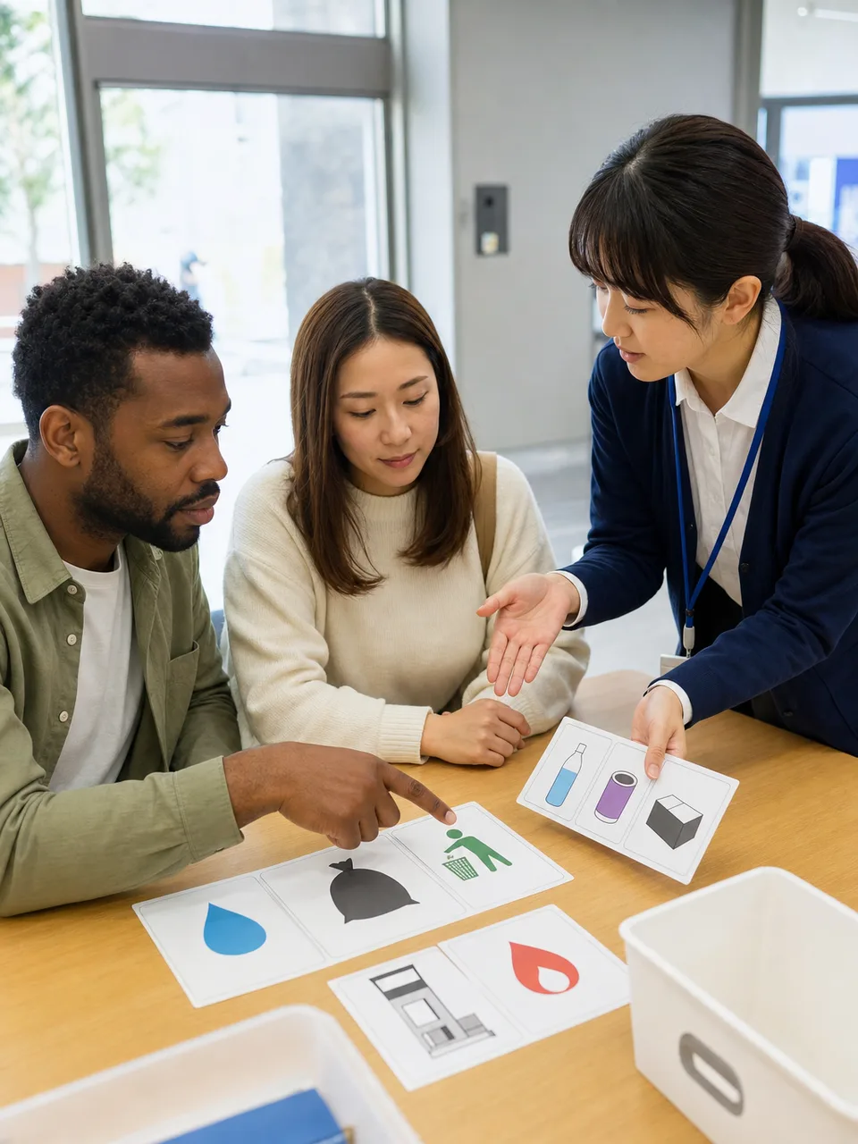 やさしい日本語を学ぶ地域の日本人（自然な縦位置写真）。やさしい日本語、多文化コミュニケーション、自治体研修、外国人住民の記事や案内に使える商用素材です。