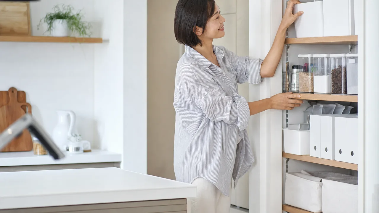 食品収納を計画する日本人家族（横長・コピースペース）。パントリー収納、食品収納、キッチン収納、整理整頓の記事や案内に使える商用素材です。