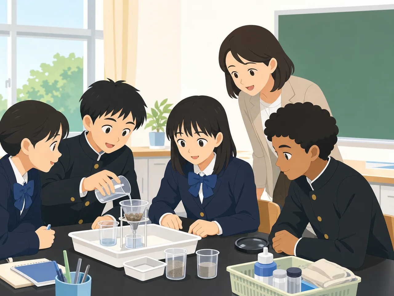教室で学ぶ日本の中学生（フラットイラスト）。中学校、教育、探究学習、学校案内に使える自然な学習場面です。