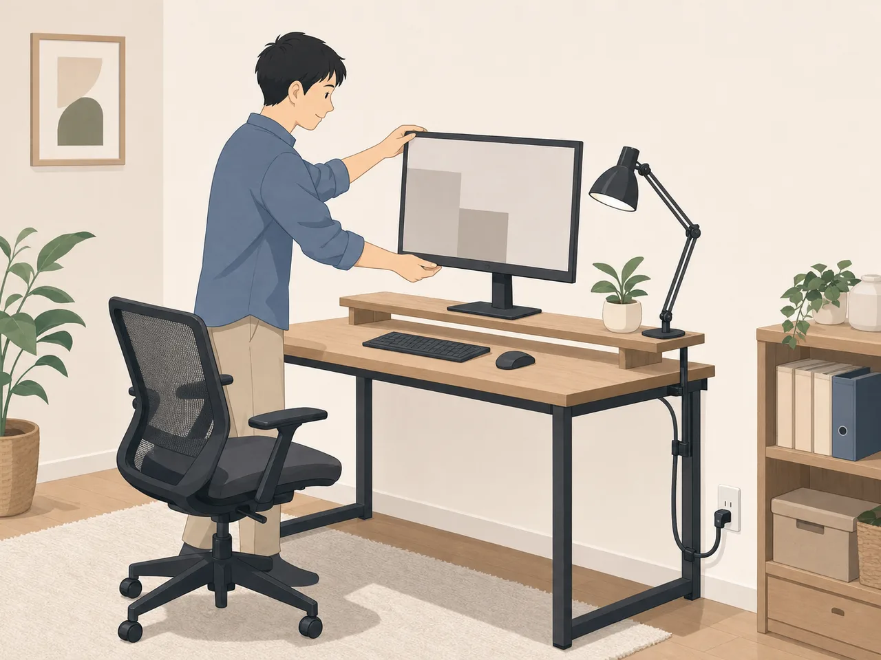 在宅勤務スペースを整える日本人（フラットイラスト）。在宅勤務スペース、ホームオフィス、仕事環境、住宅の記事向け素材です。