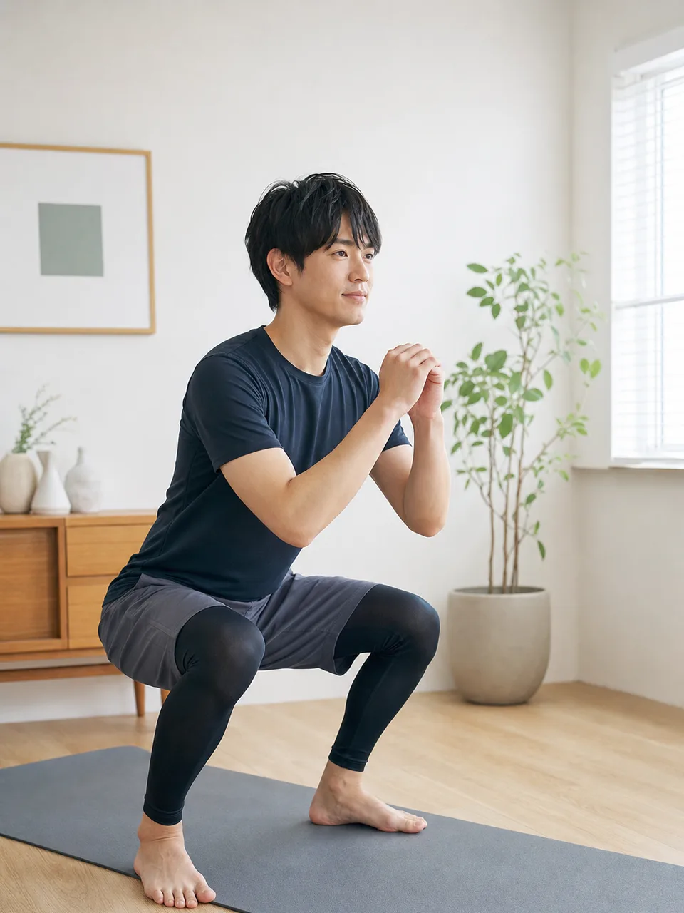 自宅で運動する日本人（自然な縦位置写真）。自宅トレーニング、宅トレ、運動、健康の記事や案内に使える商用素材です。