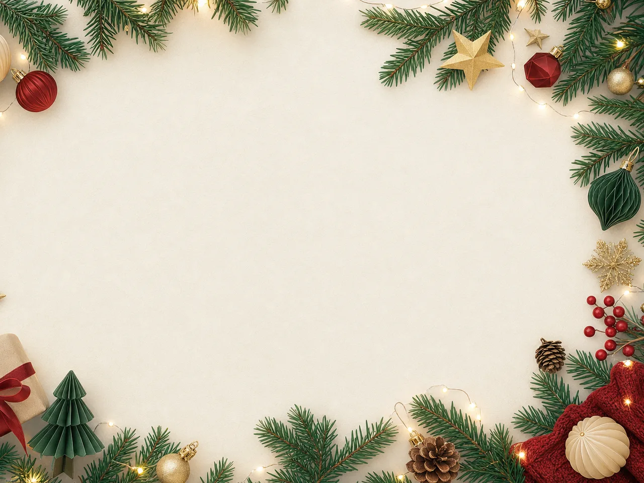 クリスマスの余白背景（フレームイラスト）。バナー、カード、告知画像に文字を配置しやすい、上品なクリスマス背景です。
