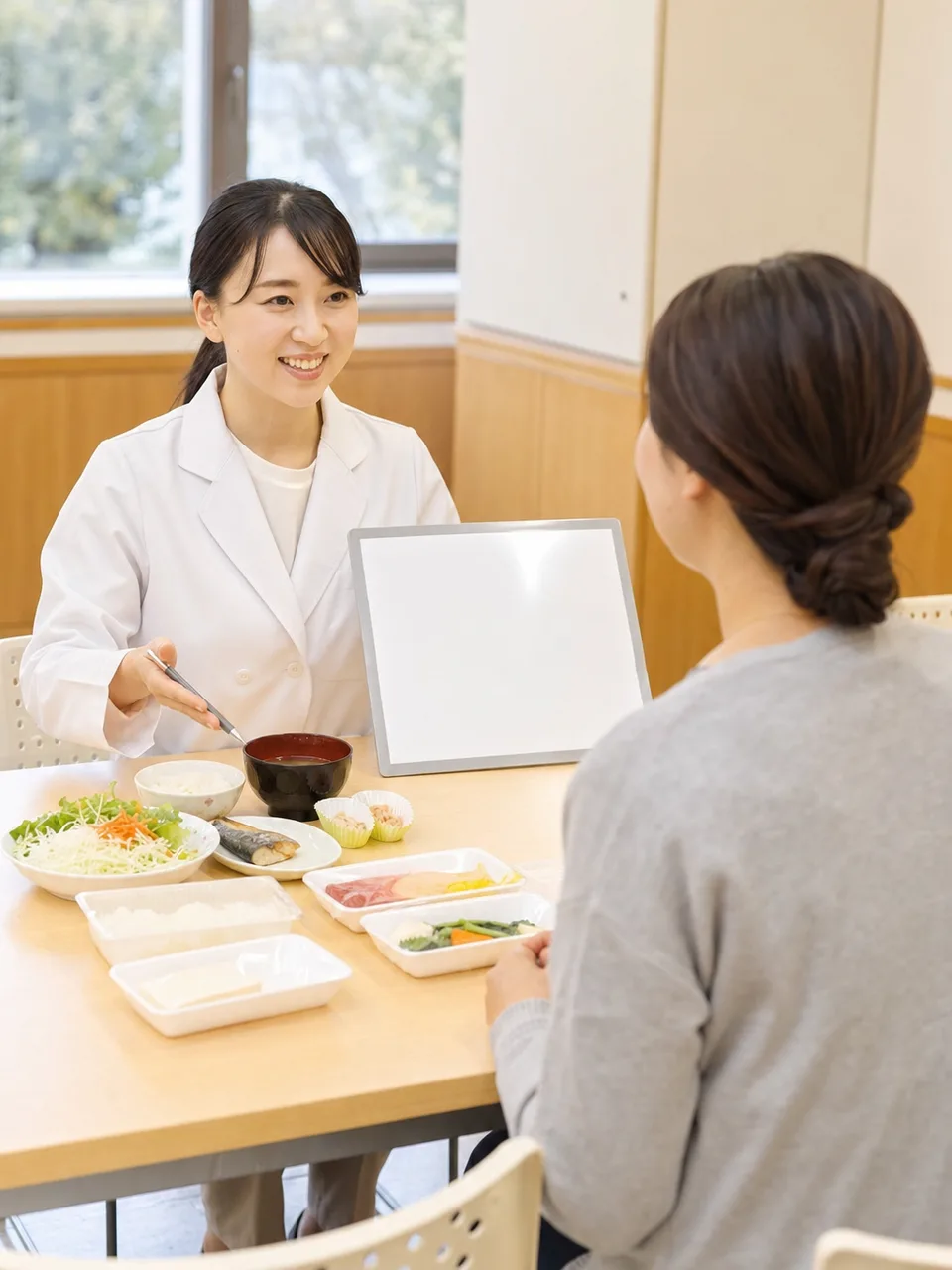 食生活を支援する日本人栄養士（自然な縦位置写真）。栄養士、食事相談、健康づくり、生活習慣の記事向け素材です。