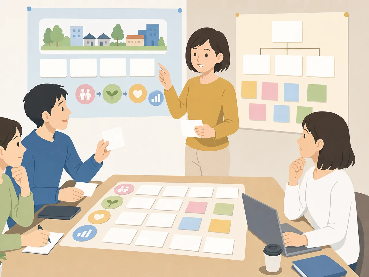 助成金申請を準備する日本人NPO（フラットイラスト）。助成金申請、NPO、非営利団体、補助金の記事や案内に使える商用素材です。