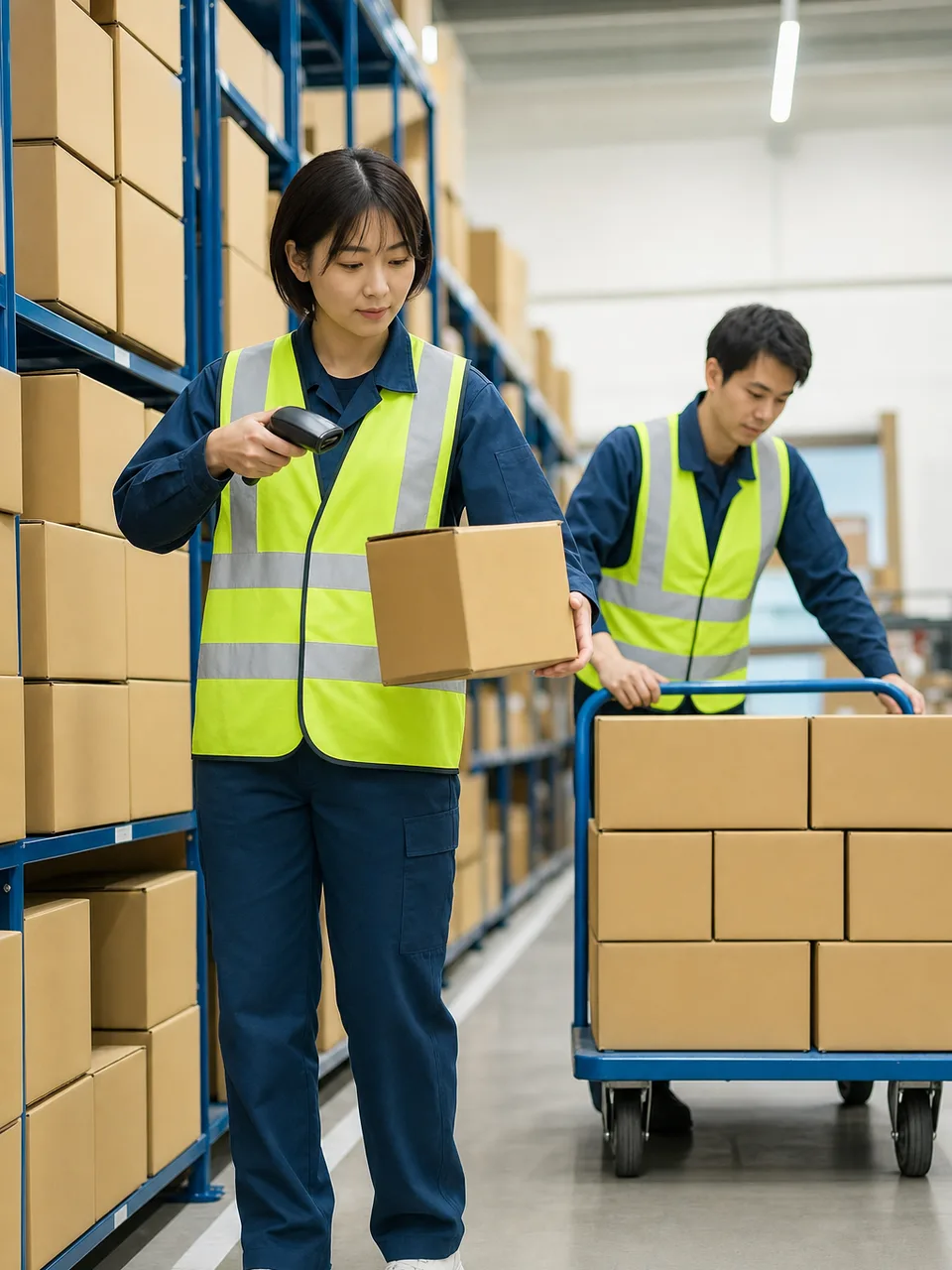 倉庫で商品を仕分ける日本人作業員（自然な縦位置写真）。倉庫作業、物流、ピッキング、在庫管理の記事向け素材です。