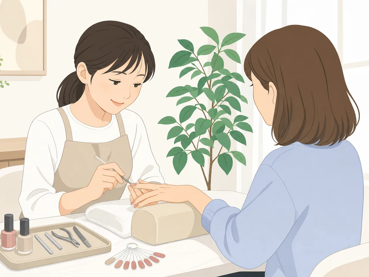 ネイルを施術する日本人ネイリスト（フラットイラスト）。ネイリスト、ネイルサロン、美容、接客の記事向け素材です。