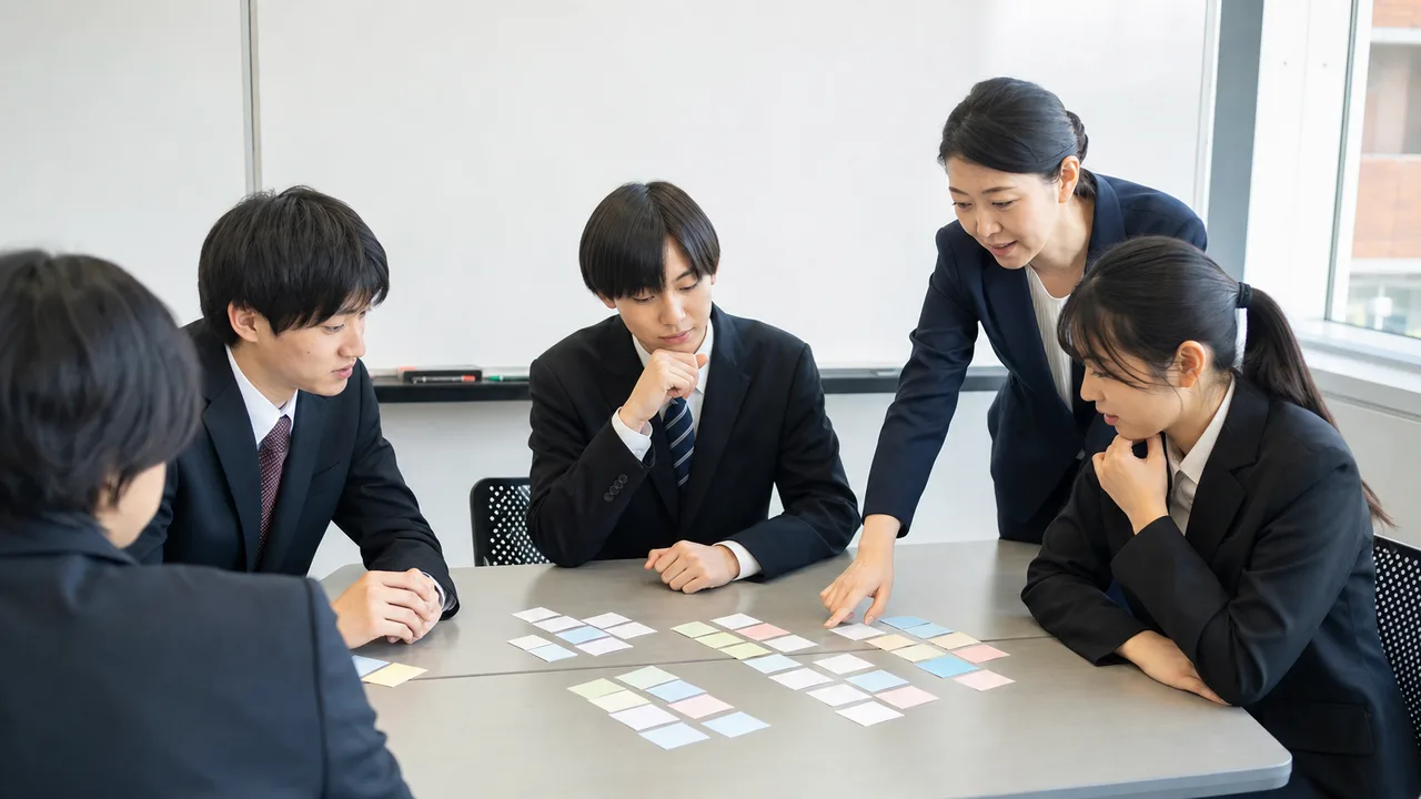 就職活動の自己分析をする日本人学生（横長・コピースペース）。就活の自己分析、自己分析ワークショップ、就職活動、大学生の記事や案内に使える商用素材です。