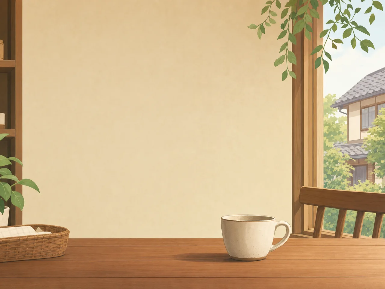 くつろぎを感じるカフェ背景（フレームイラスト）。カフェ背景、コーヒー、飲食店、落ち着いたデザイン向け素材です。