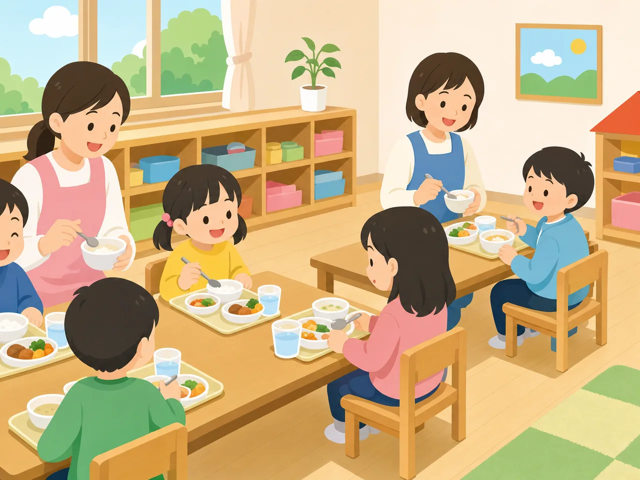 給食を楽しむ日本人の園児（フラットイラスト）。保育園給食、園児、食育、幼児の記事や案内に使える商用素材です。