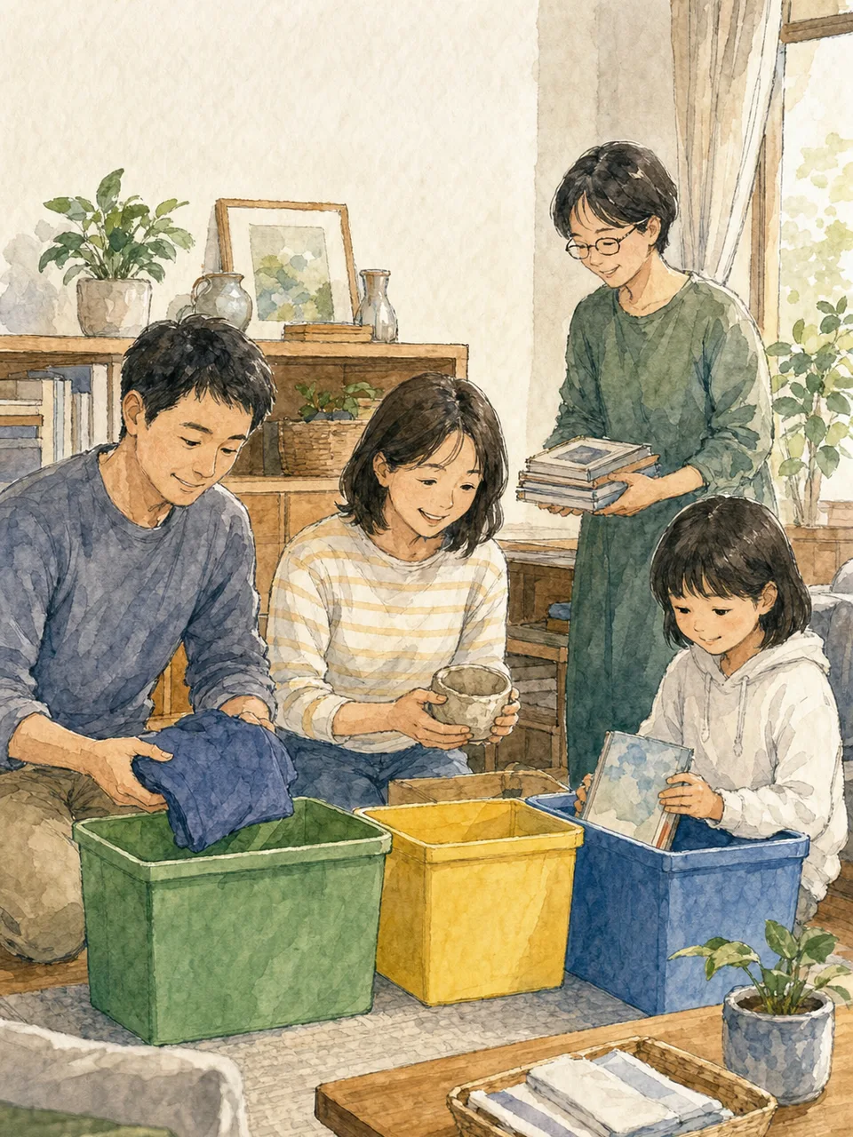 断捨離と収納整理をする日本人家族（手描き水彩）。断捨離、収納整理、片付け、家族の暮らしの記事向け素材です。
