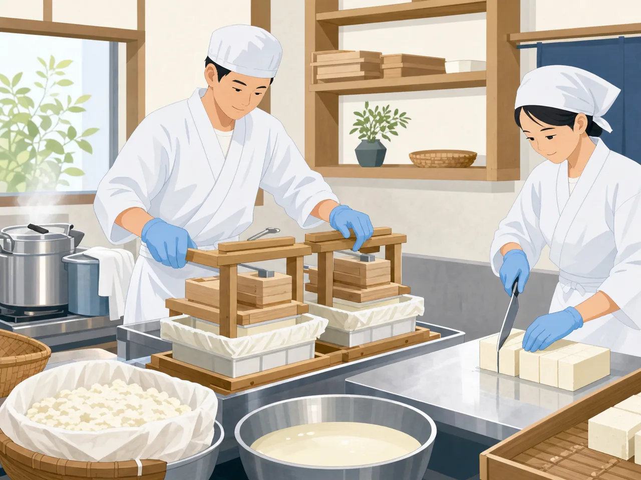 豆腐を作る日本人職人（フラットイラスト）。豆腐作り、豆腐職人、大豆、食品製造の記事や案内に使える商用素材です。