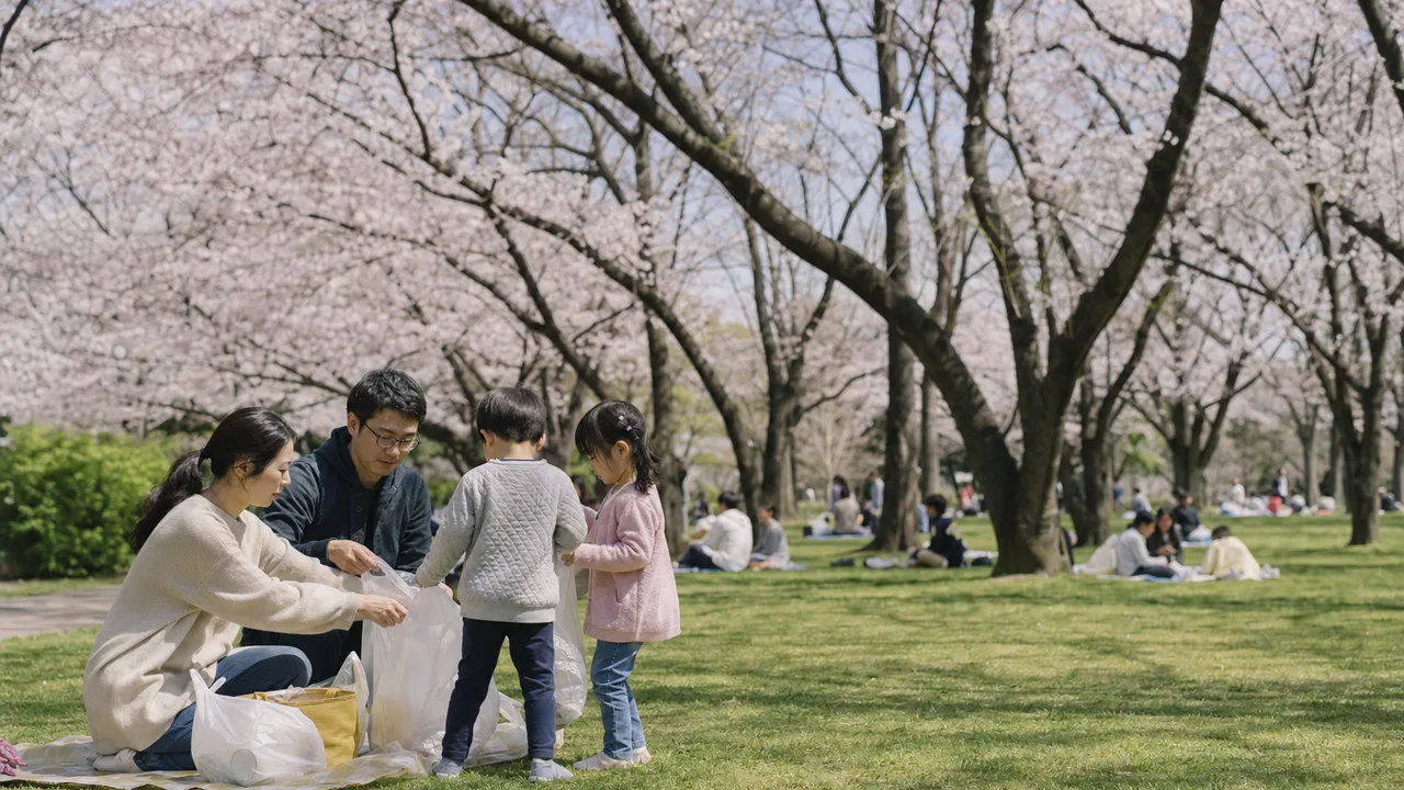 公園でお花見を楽しむ日本人（横長・コピースペース）。お花見、桜、春、公園、季節行事の記事向け素材です。