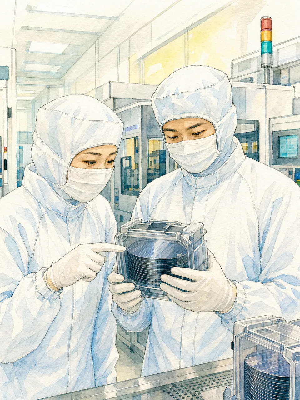 半導体工場で働く日本人技術者（手描き水彩）。半導体工場、製造技術、クリーンルーム、産業の記事向け素材です。