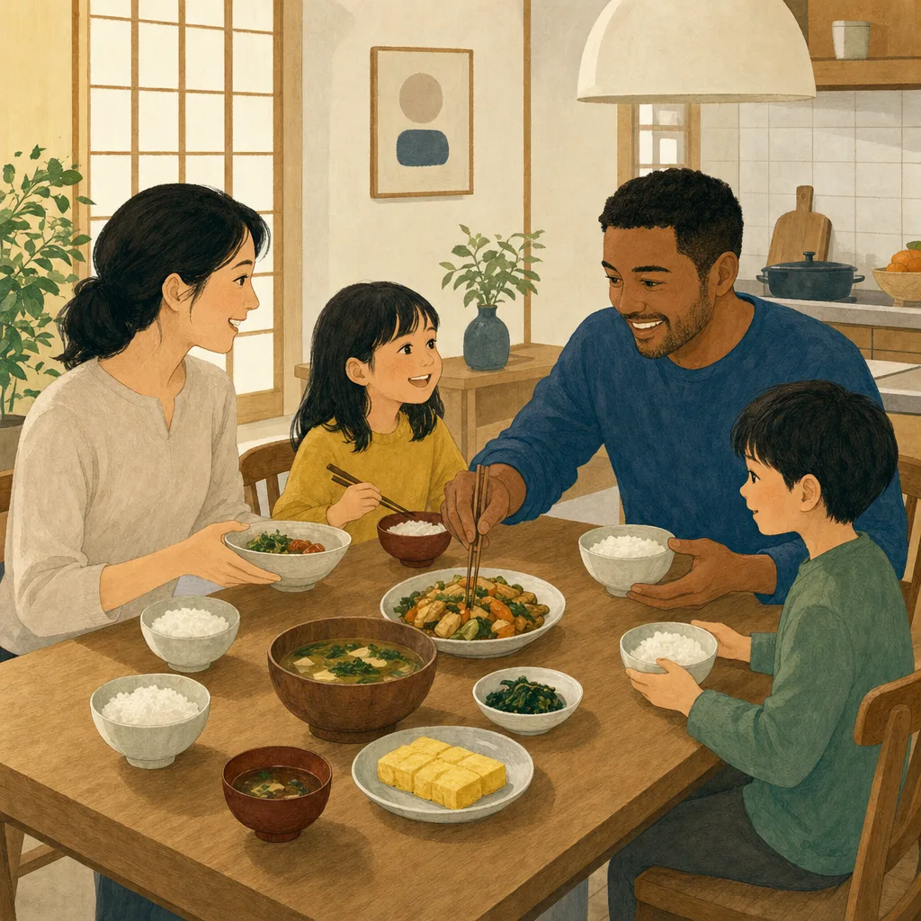 食卓を囲む日本の多文化家族（編集記事向け）。多文化家族、国際家族、家族の食卓、多文化共生の記事や案内に使える商用素材です。