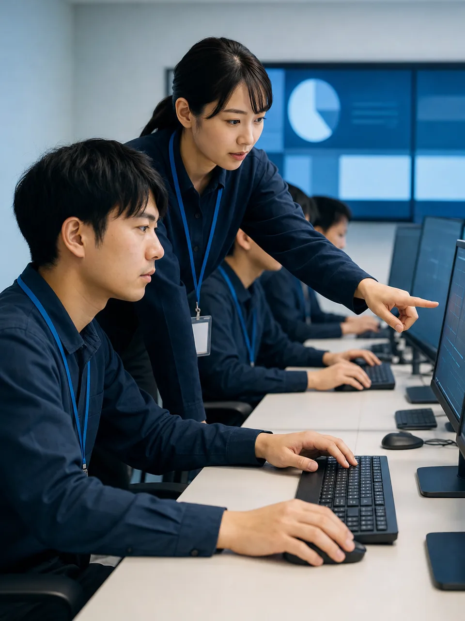 セキュリティ監視を行う日本人チーム（自然な縦位置写真）。SOCのインシデント対応、セキュリティ運用センター、SOCアナリスト、セキュリティ監視の記事や案内に使える商用素材です。