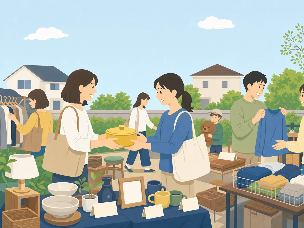 地域のフリーマーケットを楽しむ日本人（フラットイラスト）。フリーマーケット、リユース、地域イベント、中古品の記事や案内に使える商用素材です。