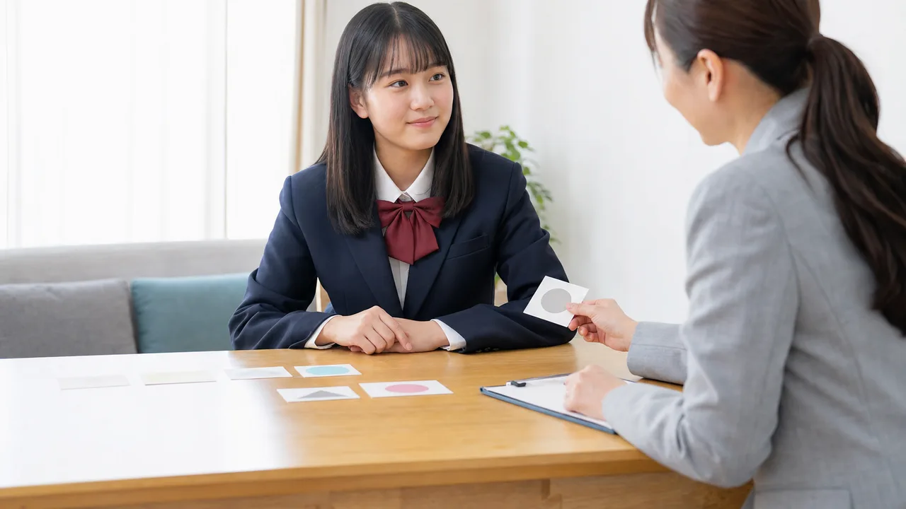 登校の悩みを相談する日本人学生（横長・コピースペース）。不登校支援、登校相談、学生支援、教育相談の記事や案内に使える商用素材です。