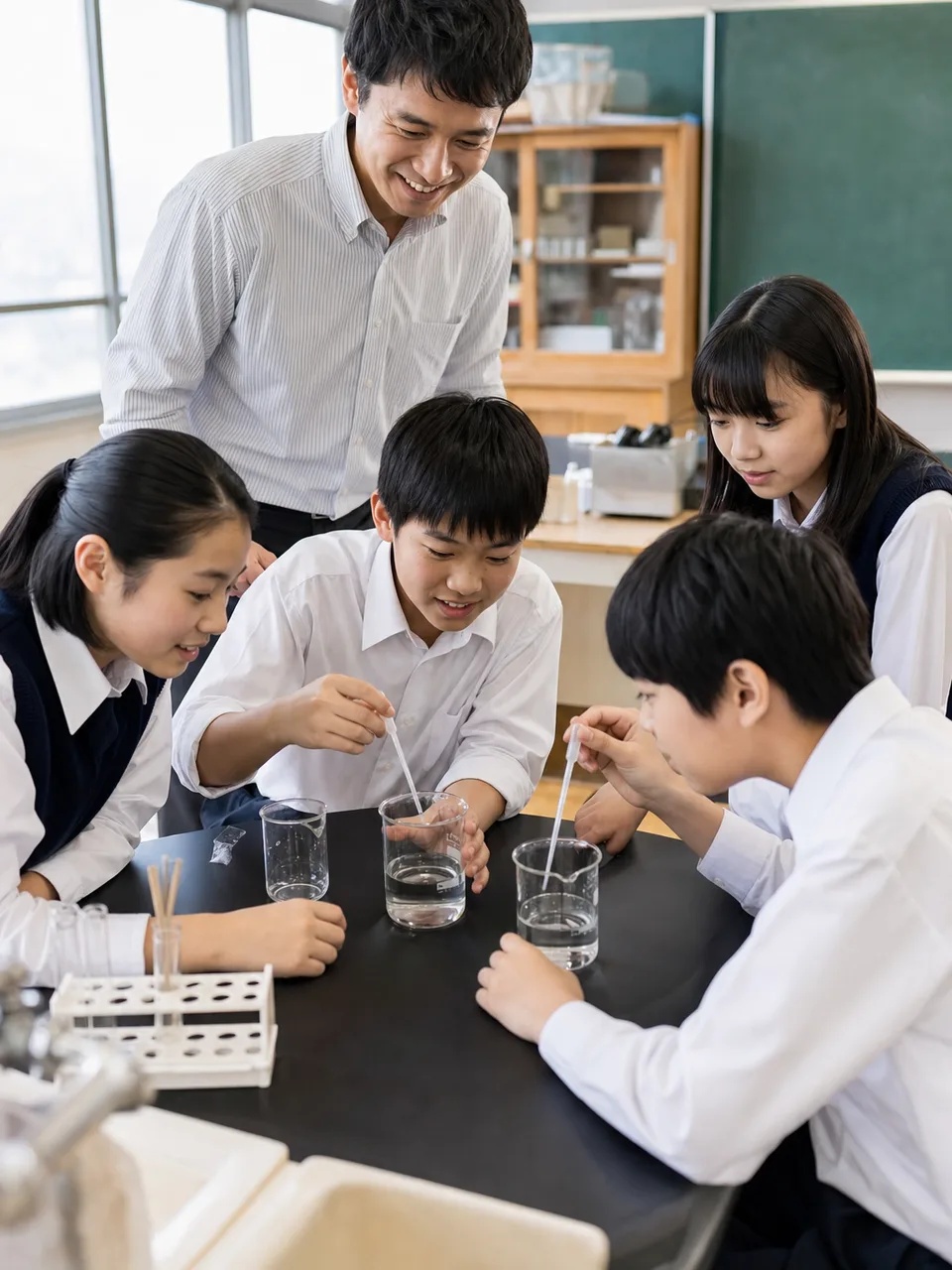 教室で学ぶ日本の中学生（自然な縦位置写真）。中学校、教育、探究学習、学校案内に使える自然な学習場面です。