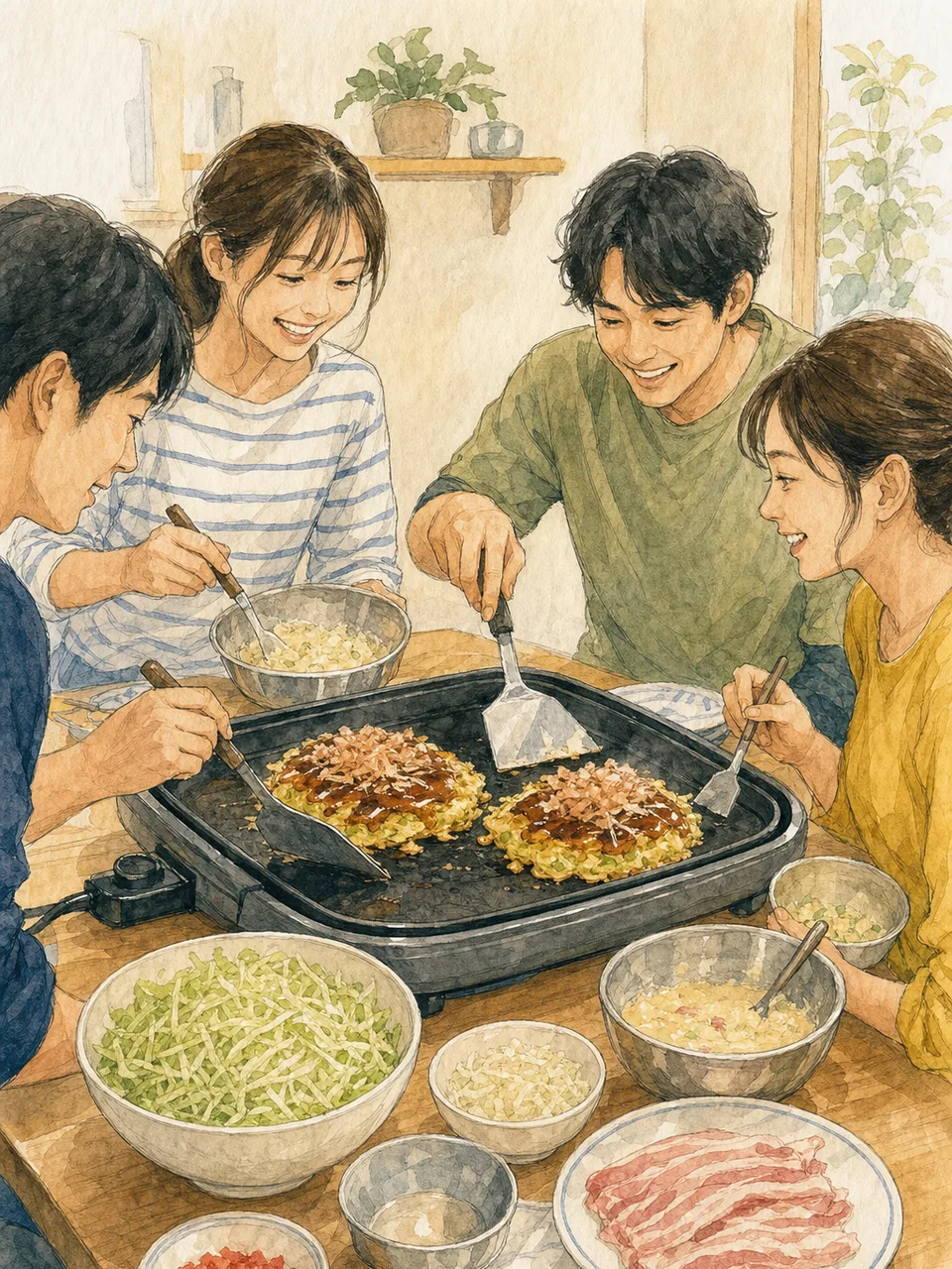 お好み焼きを作る日本人（手描き水彩）。お好み焼き、家庭料理、関西グルメ、友人の記事向け素材です。