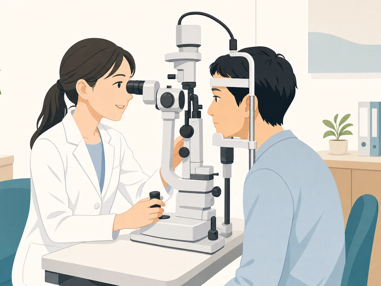 眼科で検査を受ける日本人患者（フラットイラスト）。眼科、視力検査、目の健康、医療の記事向け素材です。