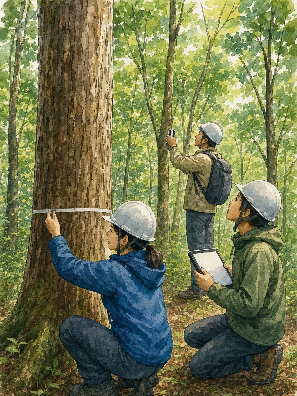 森林を調査する日本人研究者（手描き水彩）。森林調査、森林炭素、林業、樹木測定の記事や案内に使える商用素材です。
