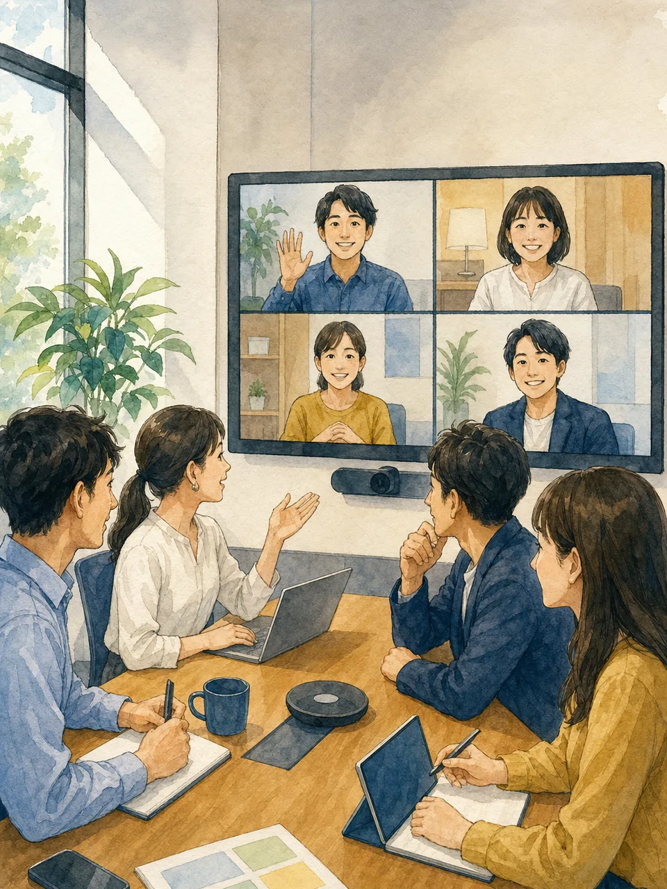 ハイブリッド勤務を計画する日本人チーム（手描き水彩）。ハイブリッド勤務、リモートワーク、週次計画、チーム会議の記事や案内に使える商用素材です。