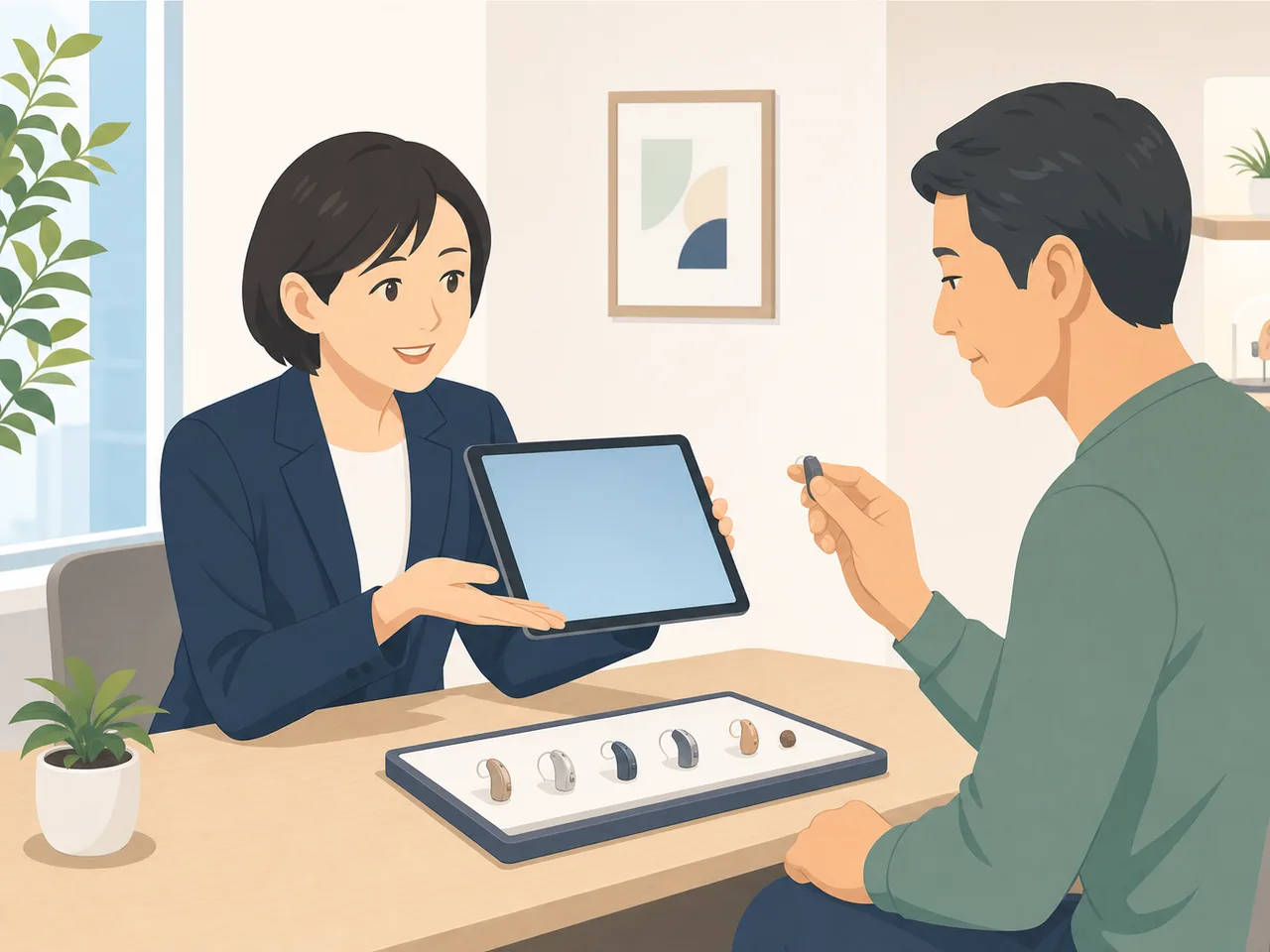 補聴器を調整する日本人専門家（フラットイラスト）。補聴器、認定補聴器技能者、聞こえ、聴覚支援の記事や案内に使える商用素材です。
