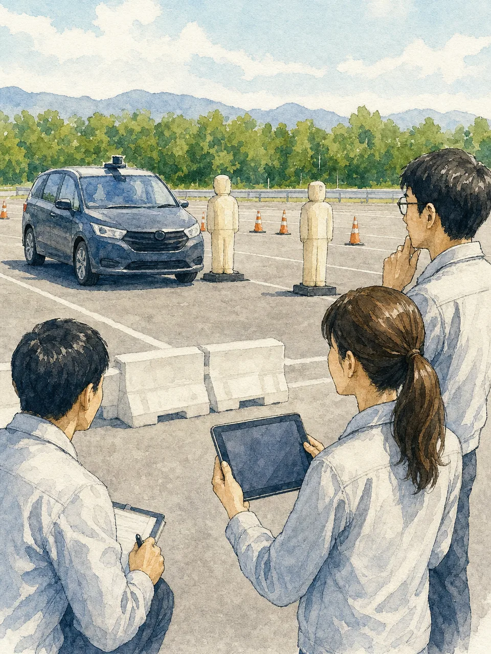 自動運転を検証する日本人技術者（手描き水彩）。自動運転、車両開発、安全検証、モビリティの記事向け素材です。