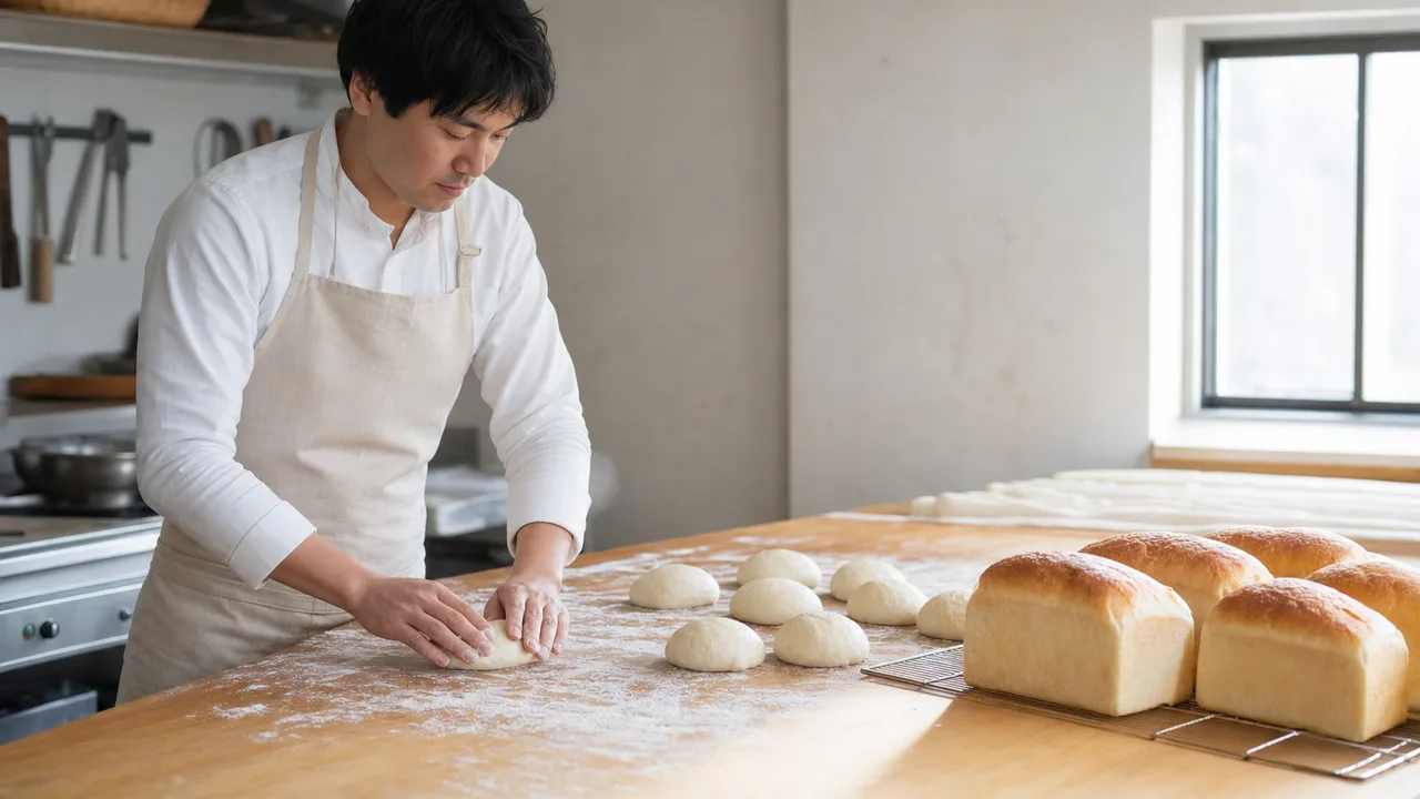 パンを作る日本人パン職人（横長・コピースペース）。パン職人、ベーカリー、食品製造、地域店舗の記事向け素材です。
