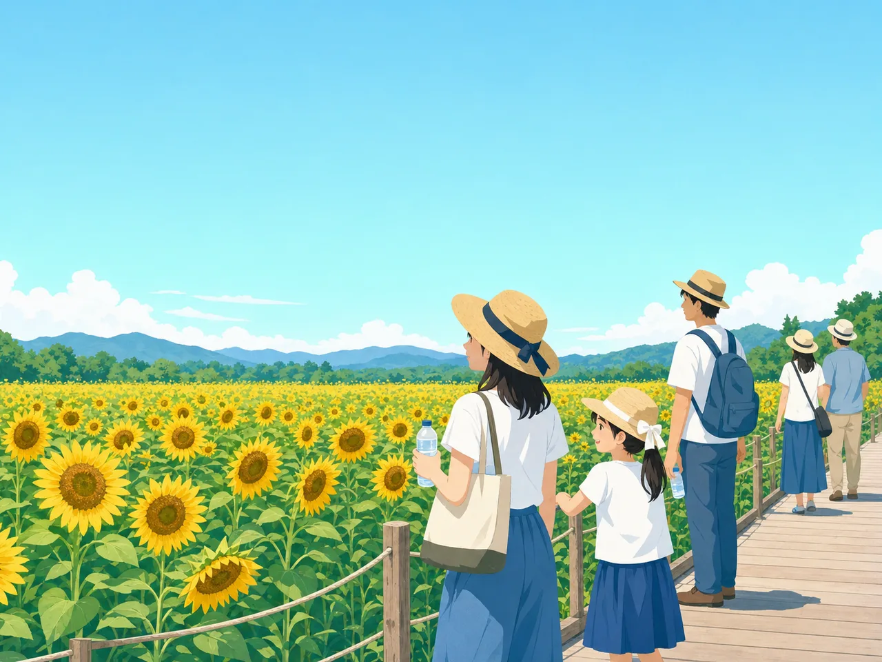 ひまわり畑を訪れる日本人（フラットイラスト）。ひまわり畑、夏、花、国内旅行の記事に使える素材です。