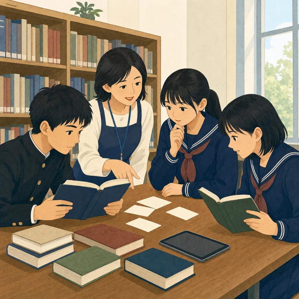 図書館で調べ学習をする日本人学生（編集記事向け）。調べ学習、図書館教育、情報検索、学校図書館の記事や案内に使える商用素材です。