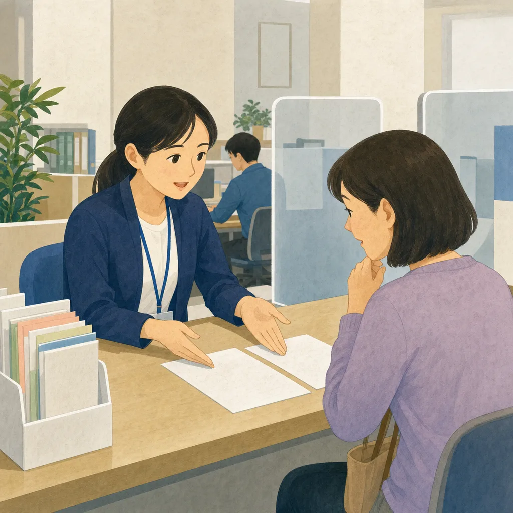 市役所窓口で案内する日本人公務員（編集記事向け）。公務員、市役所、行政サービス、窓口対応の記事向け素材です。