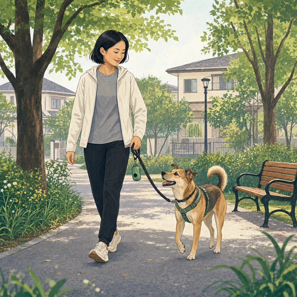 犬と散歩する日本人（編集記事向け）。犬の散歩、ペット、健康、地域生活の記事に使える日常素材です。