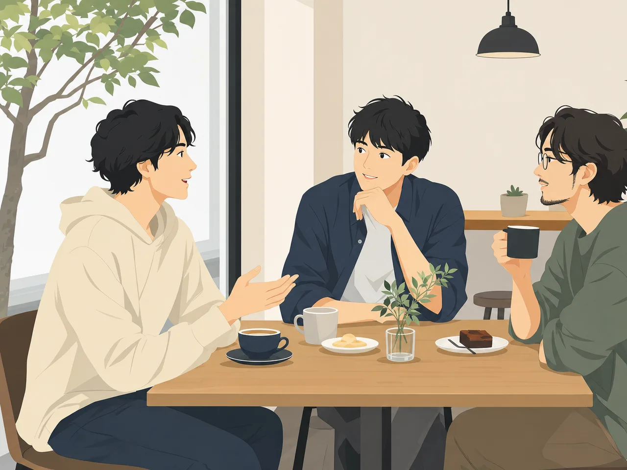 会話を楽しむ日本人の男友達（フラットイラスト）。男友達、友情、会話、休日の記事向け素材です。