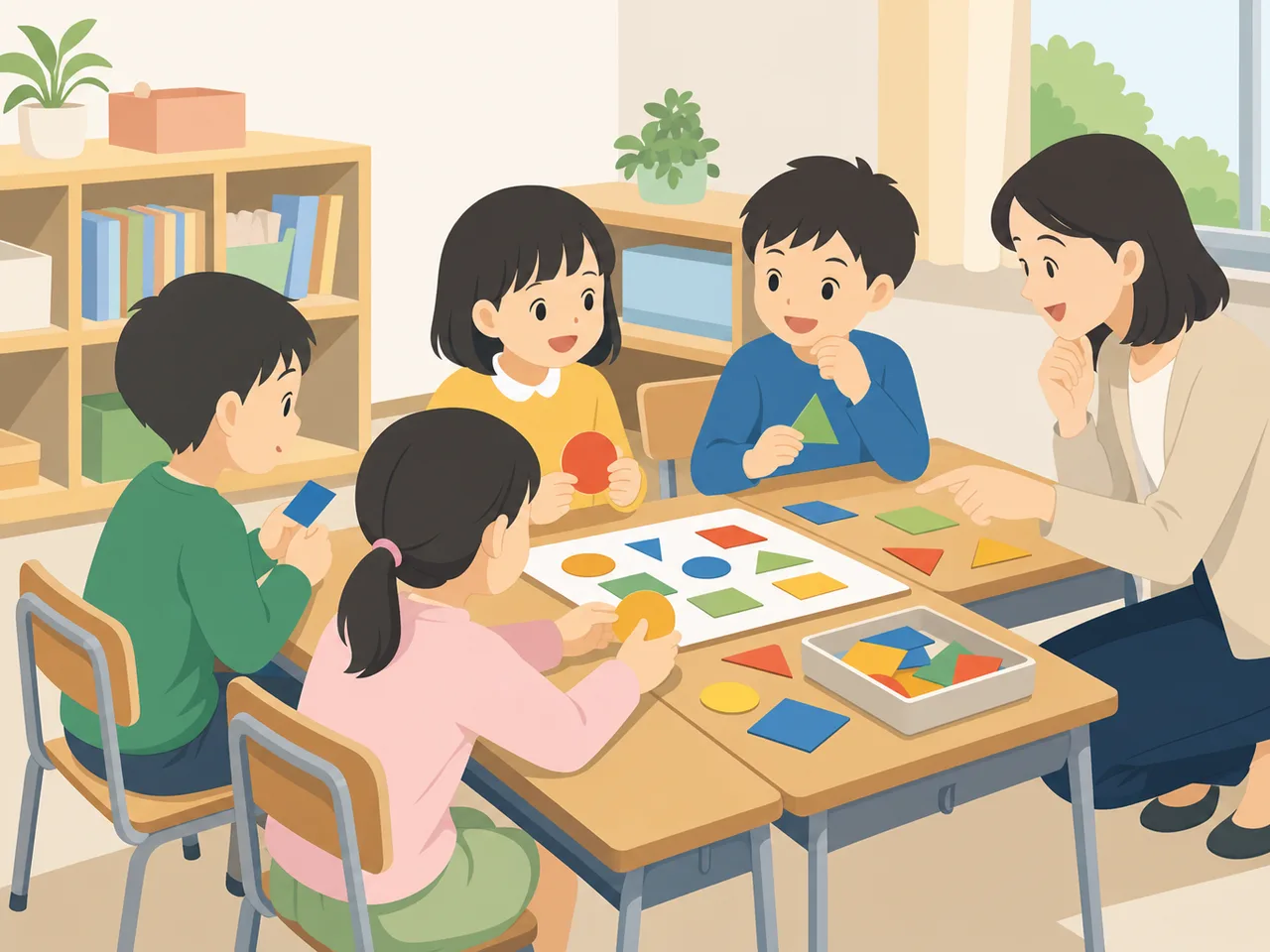 授業を支える日本人小学校教師（フラットイラスト）。小学校教師、授業、学校教育、児童の学びの記事向け素材です。