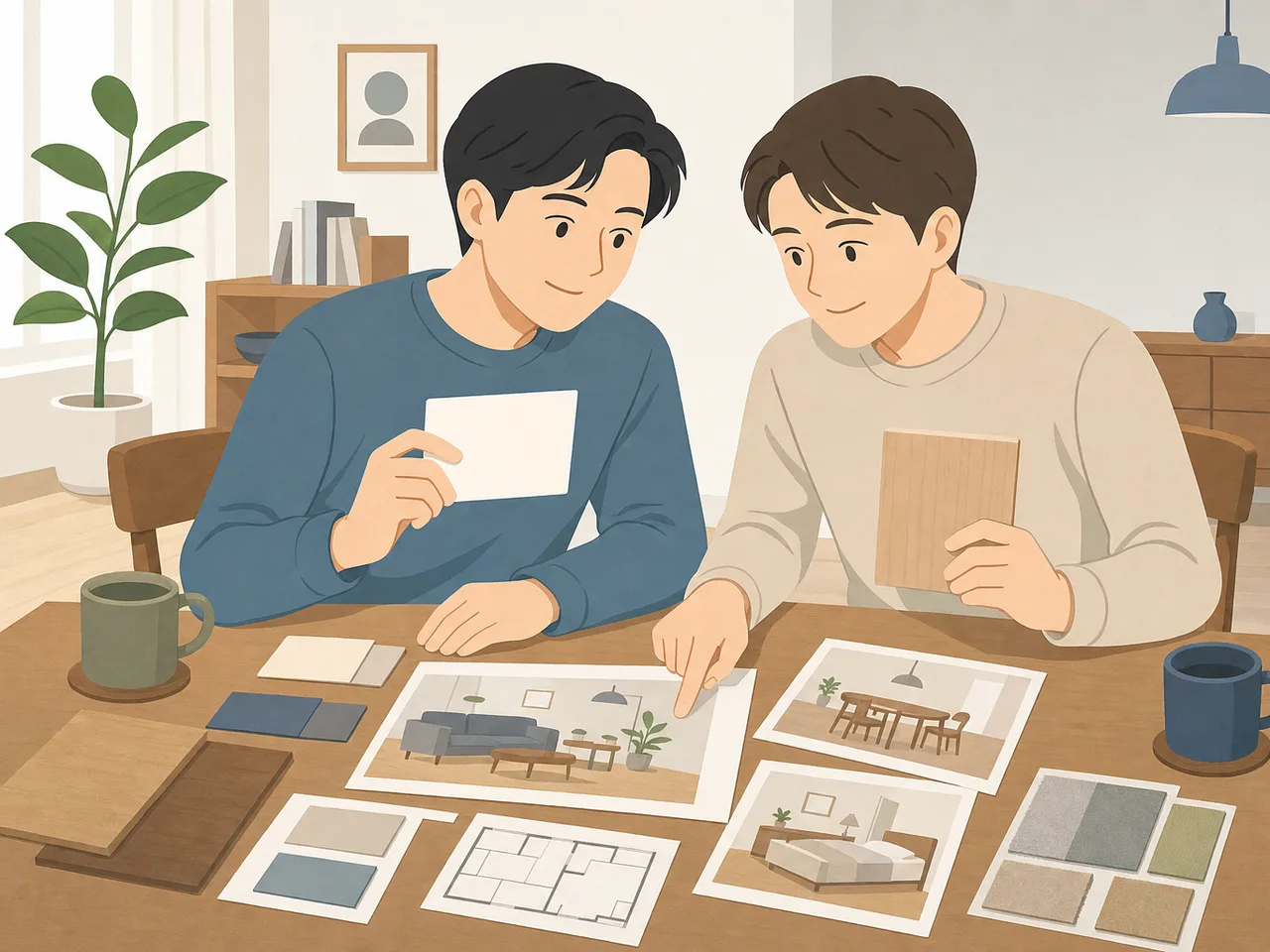 新生活を計画する日本人同性カップル（フラットイラスト）。同性カップルの住宅相談、二人暮らしの住まい計画、同性カップル、LGBTQの記事や案内に使える商用素材です。