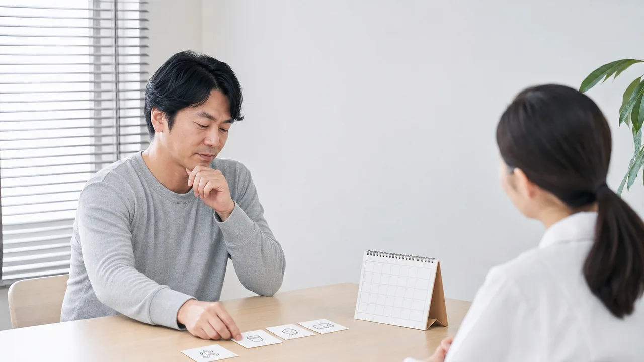 禁煙を相談する日本人（横長・コピースペース）。禁煙、禁煙外来、健康相談、生活改善の記事向け素材です。