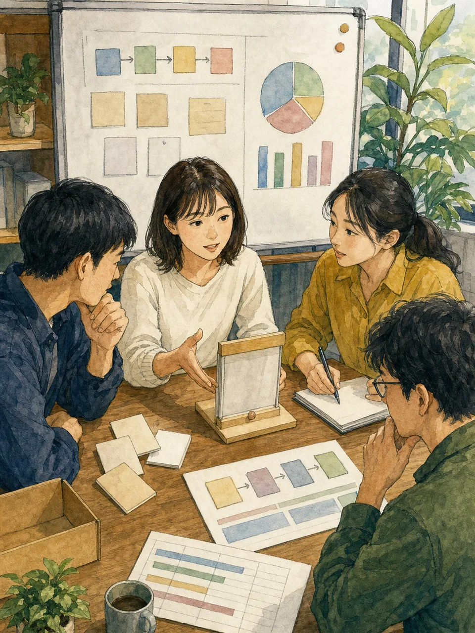 クラウドファンディングを計画する日本人（手描き水彩）。クラウドファンディング、資金調達、プロジェクト、商品開発の記事や案内に使える商用素材です。